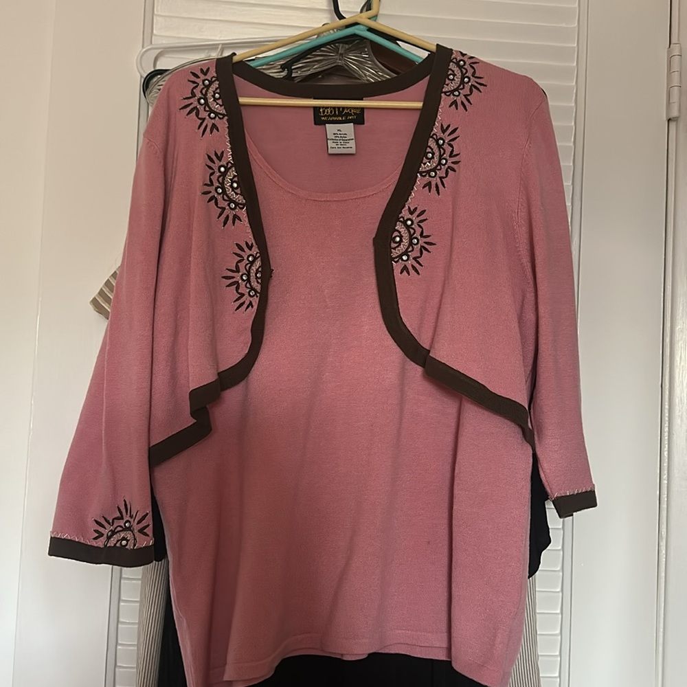 Bob Mackie Pink Sweater Top with Brown Trim